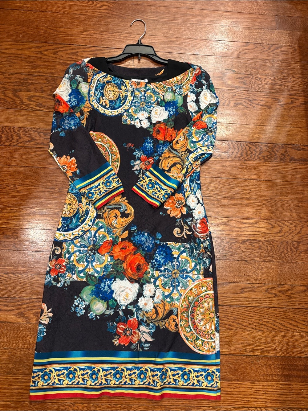 Floral Print Long-Sleeve Dress Black with Multicolor Floral